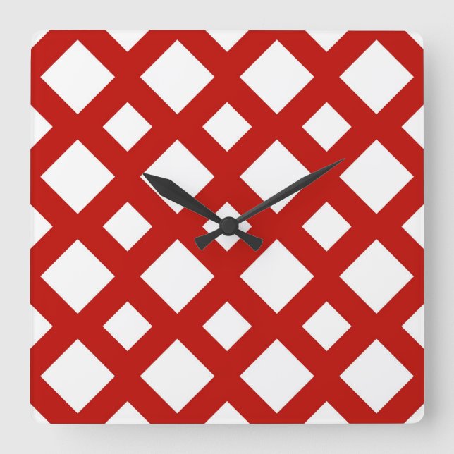 White Diamonds on Red Square Wall Clock (Front)