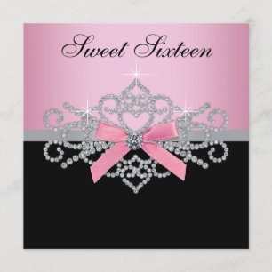 White Diamonds Pink Black Sweet 16 Birthday Party Invitation