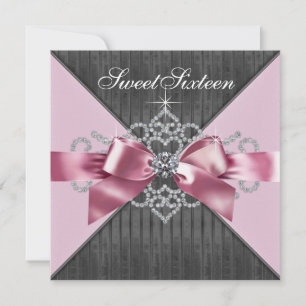 White Diamonds Pink Black Sweet 16 Birthday Party Invitation