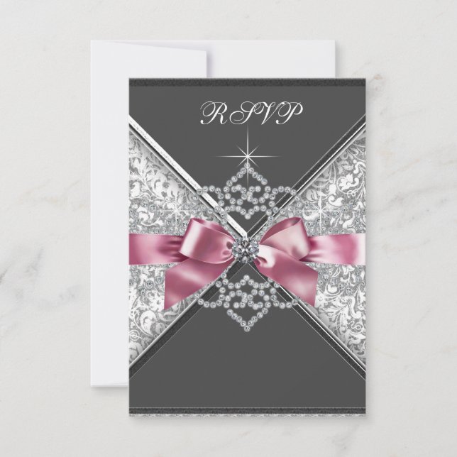 White Diamonds Pink Black Sweet 16 Birthday Party RSVP Card (Front)