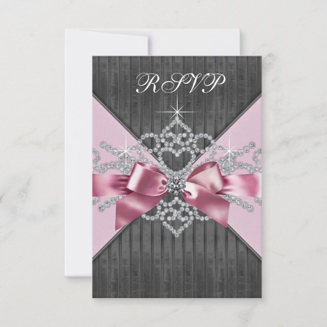 White Diamonds Pink Black Sweet 16 Birthday Party RSVP Card (Front)
