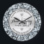 White Diamonds Silver Wedding Anniversary Large Clock<br><div class="desc">Image of white diamonds background with a metallic silver circle,  25th wedding anniversary template.</div>
