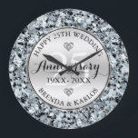 White Diamonds Silver Wedding Anniversary Large Clock<br><div class="desc">Image of white diamonds background with a metallic silver circle,  25th wedding anniversary template.</div>