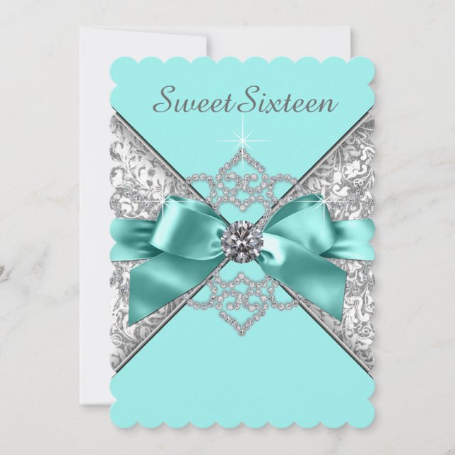 White Diamonds Teal Blue Sweet 16 Birthday Party Invitation (Front)