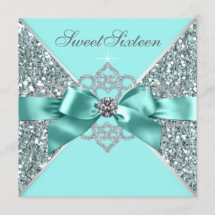 White Diamonds Teal Blue Sweet 16 Birthday Party Invitation