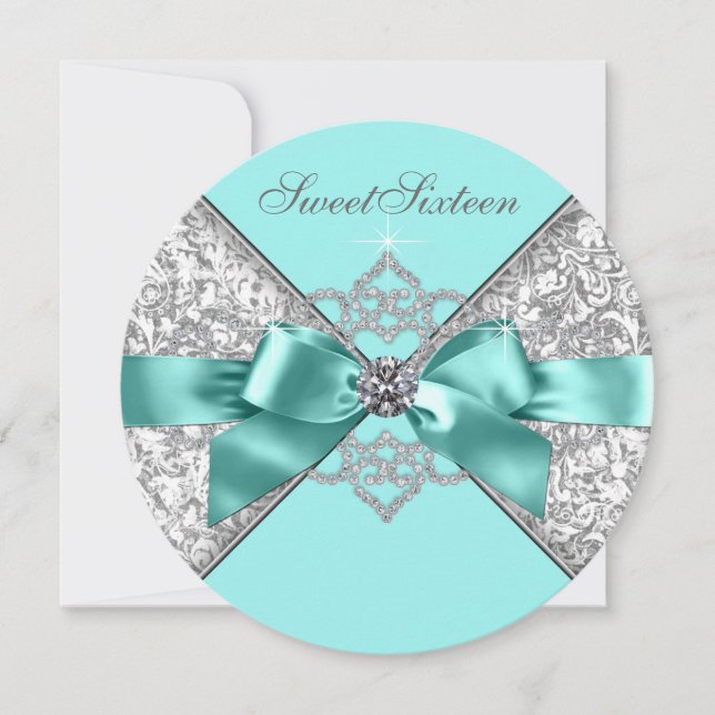 White Diamonds Teal Blue Sweet 16 Birthday Party Invitation (Front)