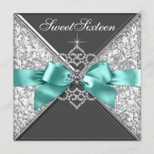 White Diamonds Teal Blue Sweet 16 Birthday Party Invitation