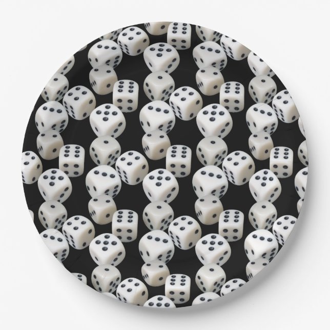 White Dice On Black Paper Plate (Front)