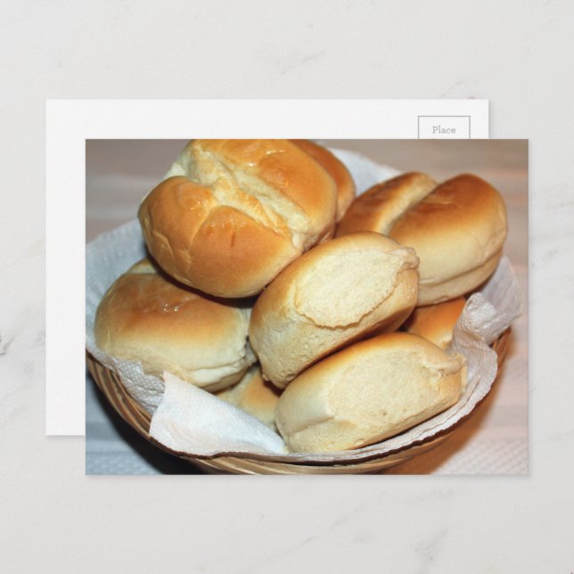 White Dinner Rolls In a Bread Basket Photography Postcard (Front/Back)
