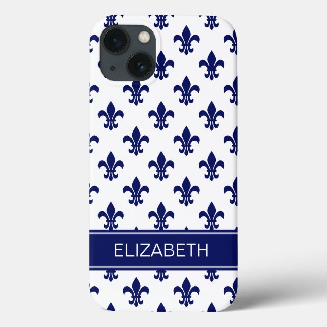 White / DIY Navy Fleur de Lis Navy Name Monogram Case-Mate iPhone Case (Back)