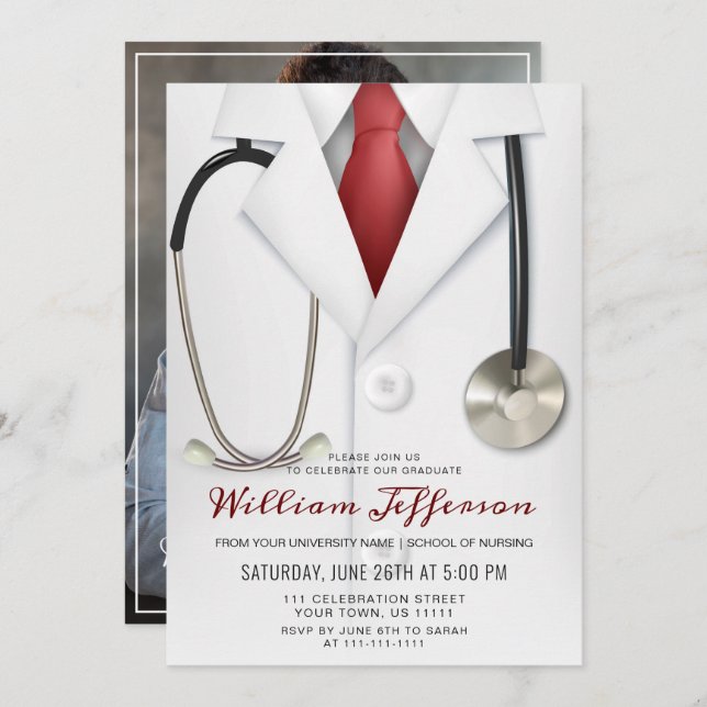 White Doctor Coat Modern Nursing School Graduation Invitation (Front/Back)