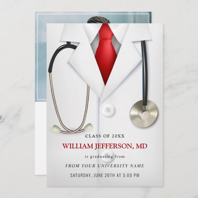 White Doctor Coat Modern Nursing School Graduation Invitation (Front/Back)