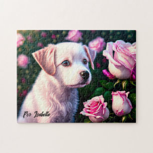White Dog And Rose Collection Jigsaw Puzzle