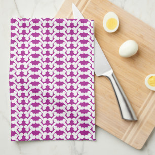 White Dog Bone Herringbone Pattern Dark Magenta Tea Towel