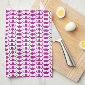 White Dog Bone Herringbone Pattern Dark Magenta Tea Towel