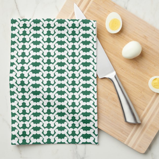 White Dog Bone Herringbone Pattern Hunter Green Tea Towel (Quarter Fold)