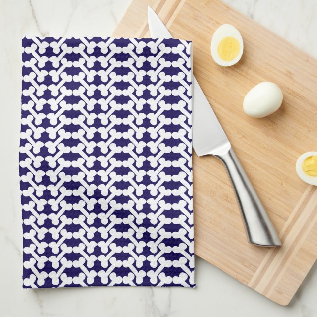 White Dog Bone Herringbone Pattern Navy Blue Tea Towel (Quarter Fold)