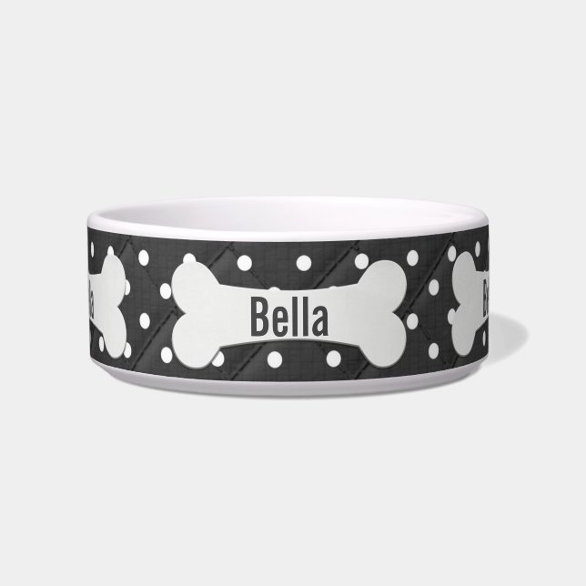 White Dog Bone On Polka Dots Bowl (Front)
