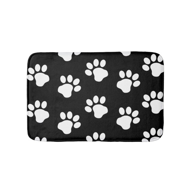 White Dog Cat Paw Prints on Black Bath Mat (Front)