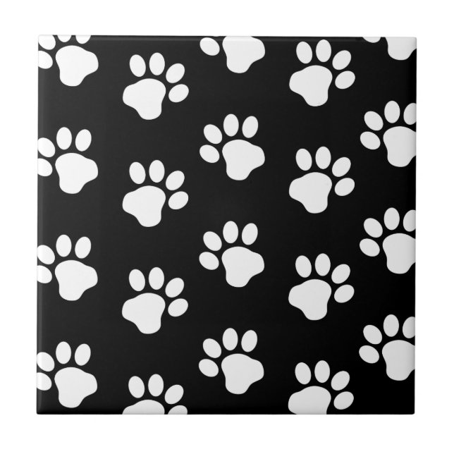 White Dog Cat Paw Prints on Black Ceramic Tile (Front)