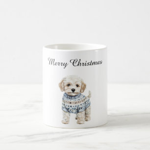 White Dog in Blue Sweater Christmas Coffee Mug