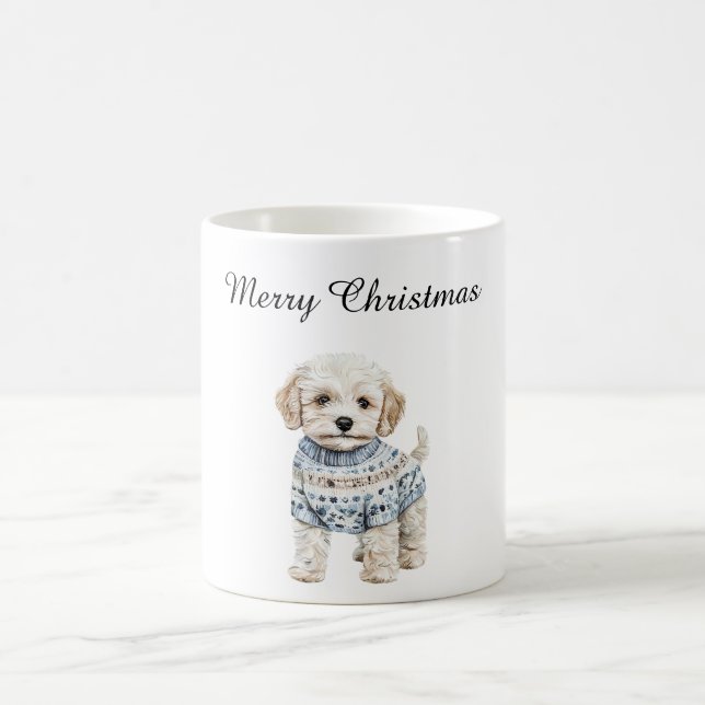 White Dog in Blue Sweater Christmas Coffee Mug (Center)