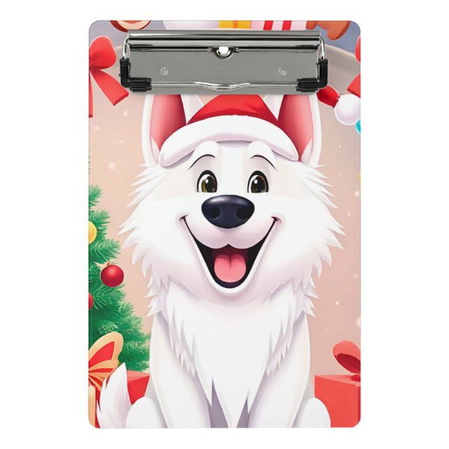 White Dog in Santa Hat Mini Clipboard (Front)