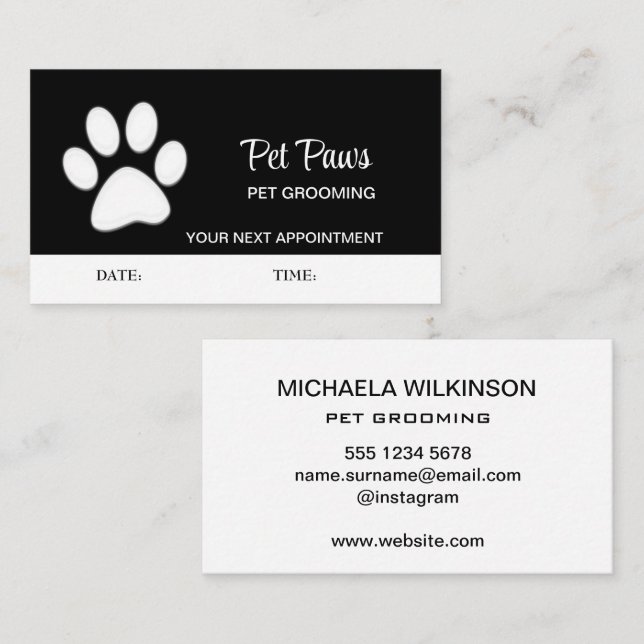  White Dog Paw on black Pet Grooming Service  Appointment Card (Front/Back)