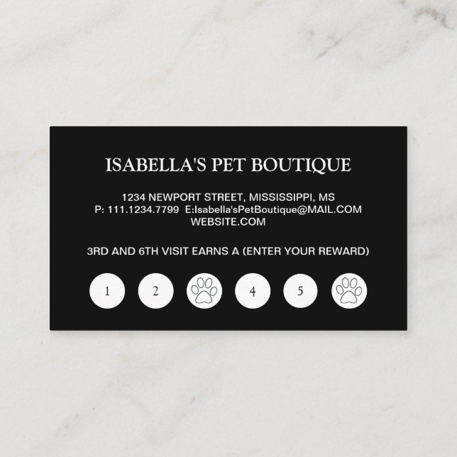  White Dog Paw on black Pet Grooming Service  Loyalty Card (Back)