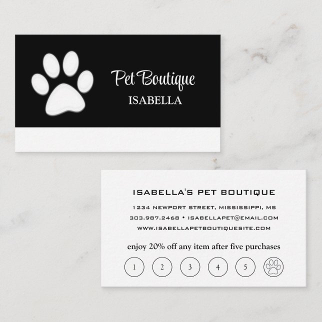  White Dog Paw on black Pet Grooming Service  Loyalty Card (Front/Back)