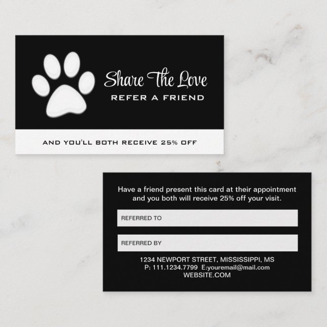  White Dog Paw on black Pet Grooming Service  Referral Card (Front/Back)