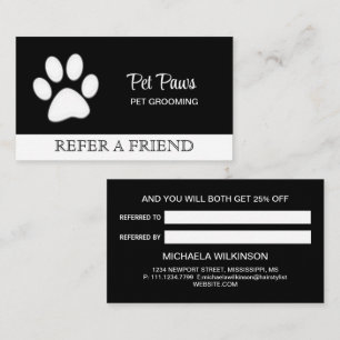White Dog Paw on black Pet Grooming Service Referral Card