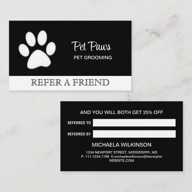  White Dog Paw on black Pet Grooming Service  Referral Card (Front/Back)