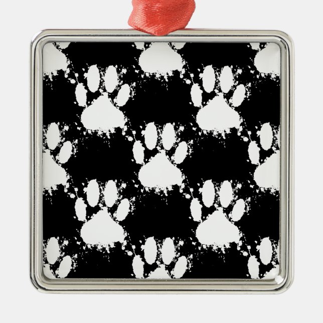 White Dog Paw Pattern With Paint Splatter Metal Ornament (Front)