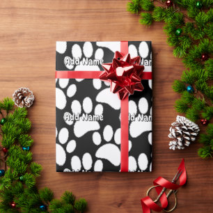 White Dog Paw Print Custom Name Black Wrapping Paper