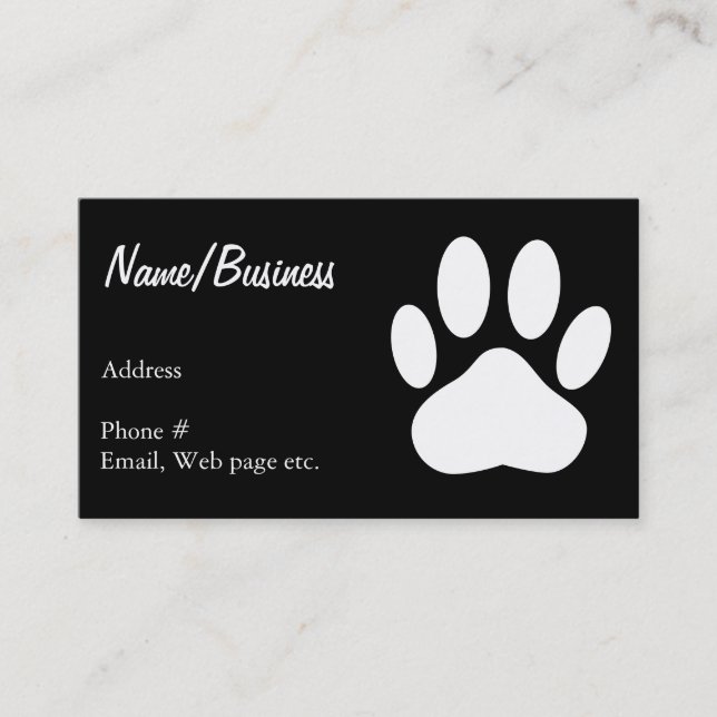 White Dog Paw Print On Black Custom Business Card (Front)