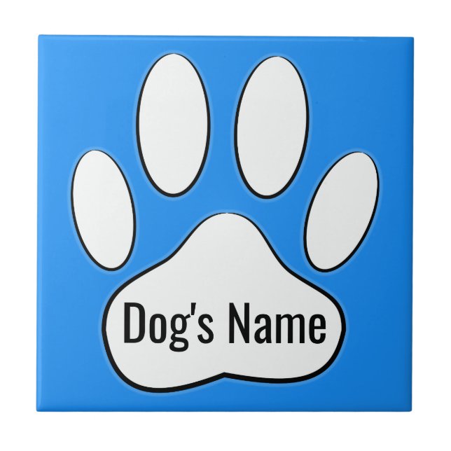 White Dog Paw Print On Blue Add Name Tile (Front)