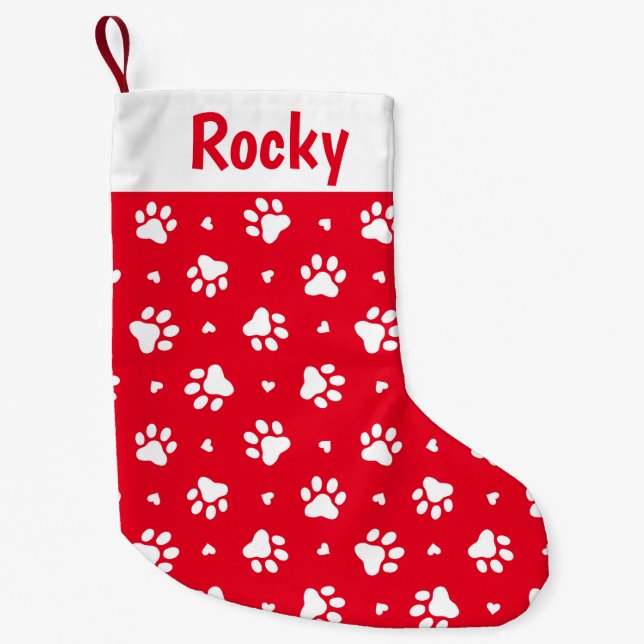 White Dog Paw Prints and Hearts Pattern Small Christmas Stocking (Front)