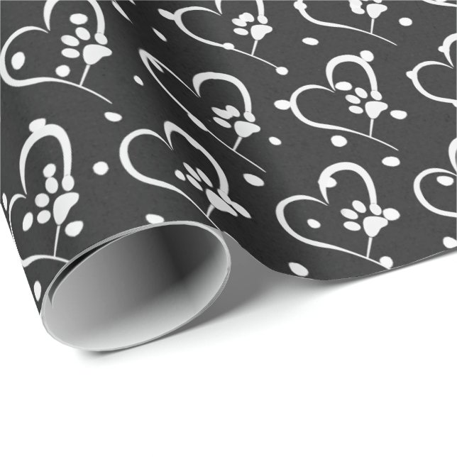 white dog paw prints on heart wrapping paper (Roll Corner)