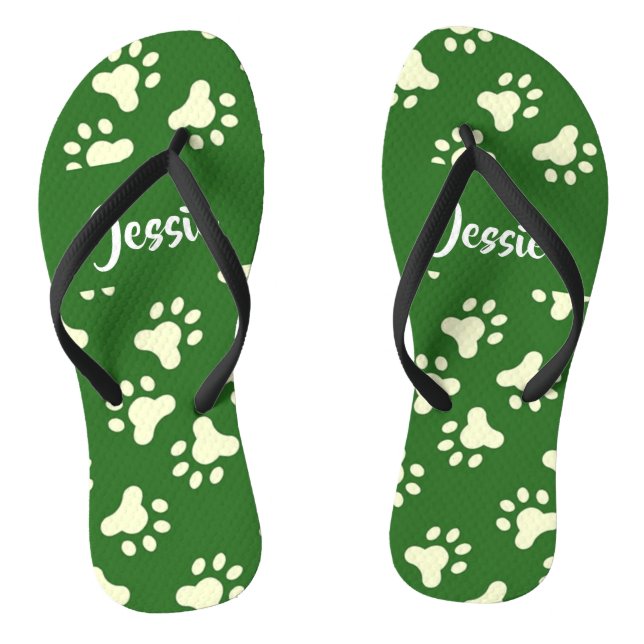 White dog paws on green thongs (Footbed)