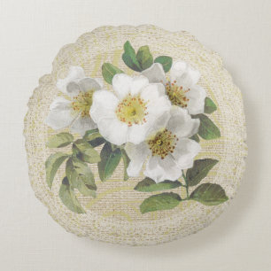 White dog roses & lace floral vintage pillow