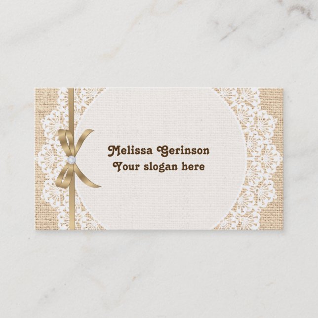 White doily with lace and burlap business card (Front)
