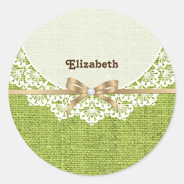 White doily with lace and lime green coloured burl classic round sticker (Front)