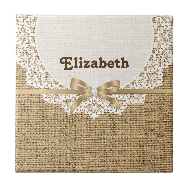 White doily with lace and linen natural burlap ceramic tile (Front)