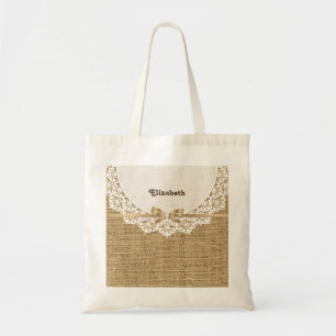 White doily with lace and linen natural burlap tote bag