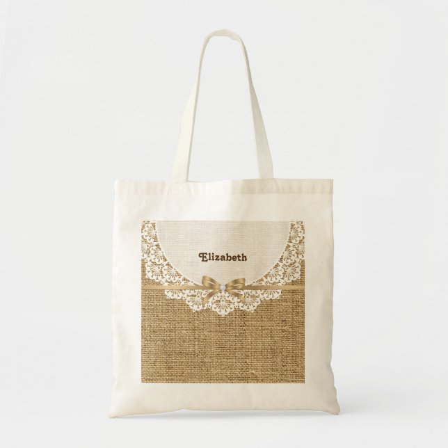 White doily with lace and linen natural burlap tote bag (Front)