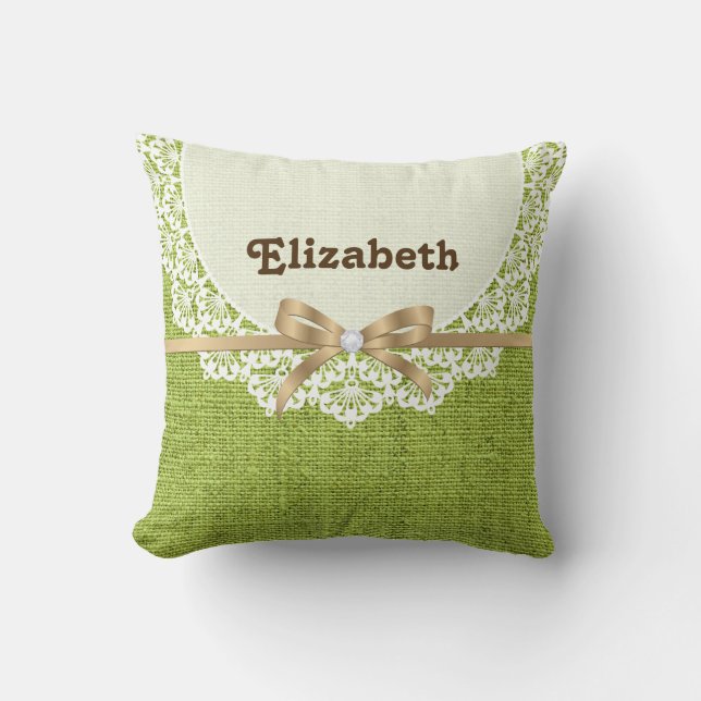 White doily with lace & lime green coloured burlap cushion (Front)