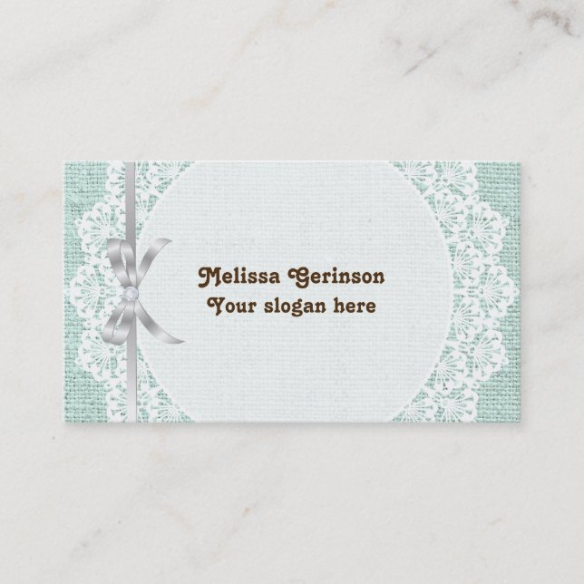 White doily with lace & mint green coloured burlap business card (Front)