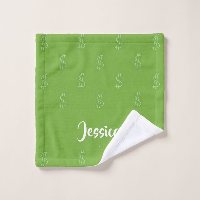 White dollar sign on green wash cloth (Wash Cloth)