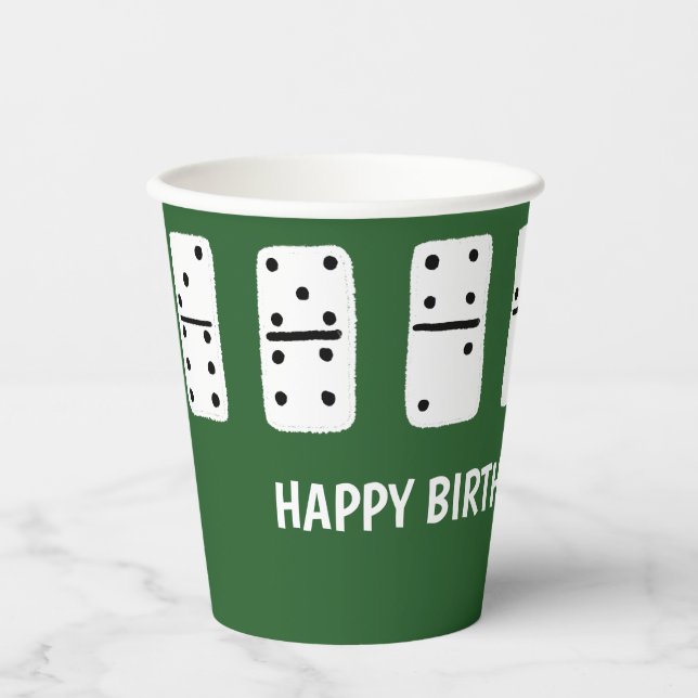 White Dominoes with Black Dots on Green Paper Cups (Front)